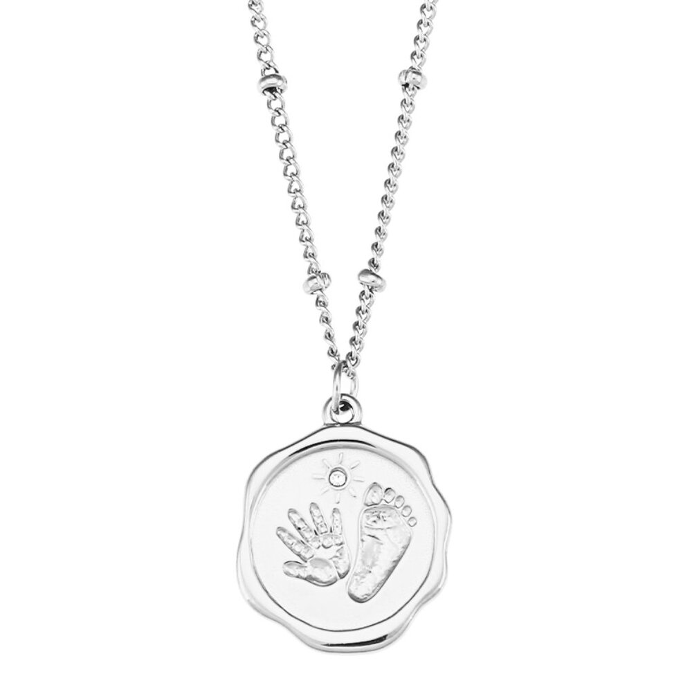 Silver Baby Hand Foot Print‎ Zircon Pendant Necklace 18K Stainless Steel